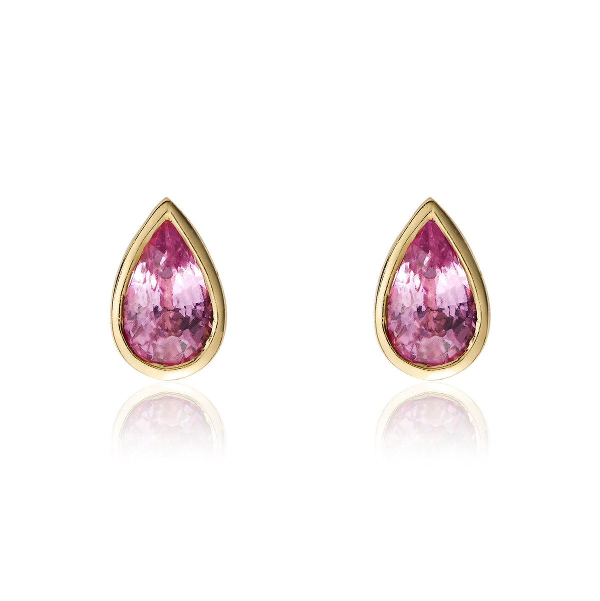 9ct Yellow Gold Pear Shaped Natural Pink Sapphire Rubover Stud Earrings — 5x3mm