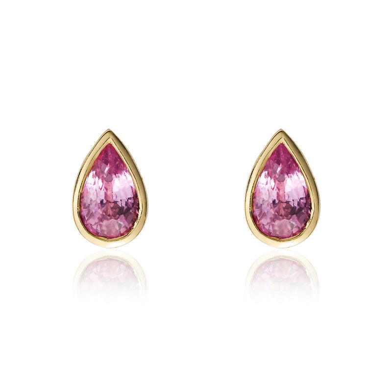 9ct Yellow Gold Pear Shaped Natural Pink Sapphire Rubover Stud Earrings — 5x3mm