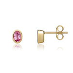 9ct Yellow Gold Oval Natural Pink Sapphire Rubover Stud Earrings — 4x3mm
