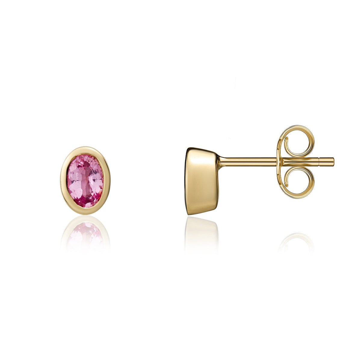 9ct Yellow Gold Oval Natural Pink Sapphire Rubover Stud Earrings — 4x3mm