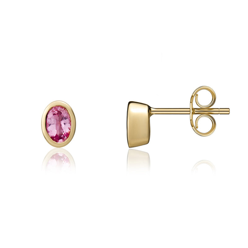 9ct Yellow Gold Oval Natural Pink Sapphire Rubover Stud Earrings — 4x3mm