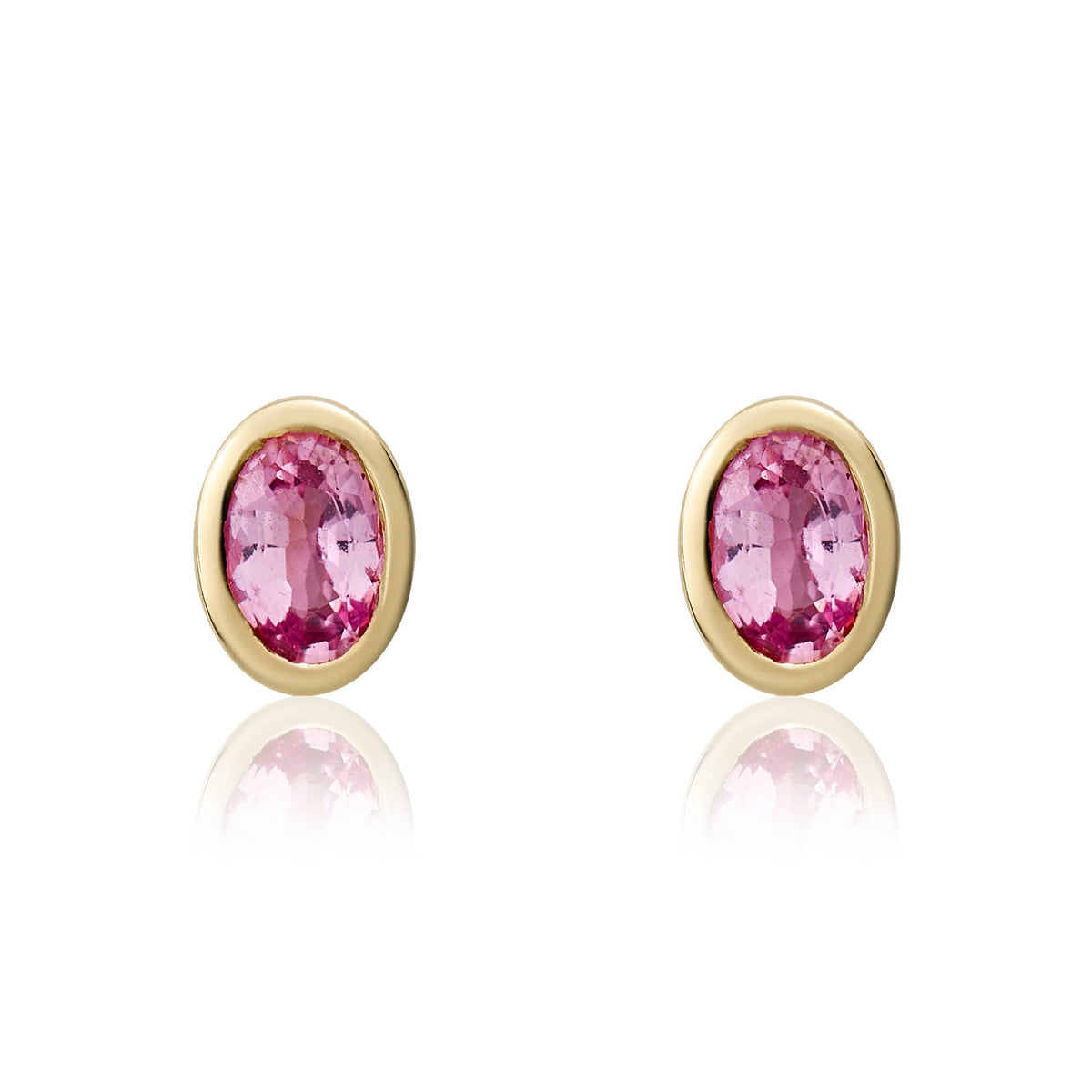 9ct Yellow Gold Oval Natural Pink Sapphire Rubover Stud Earrings — 4x3mm