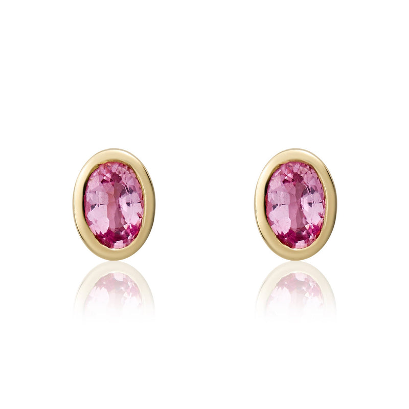 9ct Yellow Gold Oval Natural Pink Sapphire Rubover Stud Earrings — 4x3mm