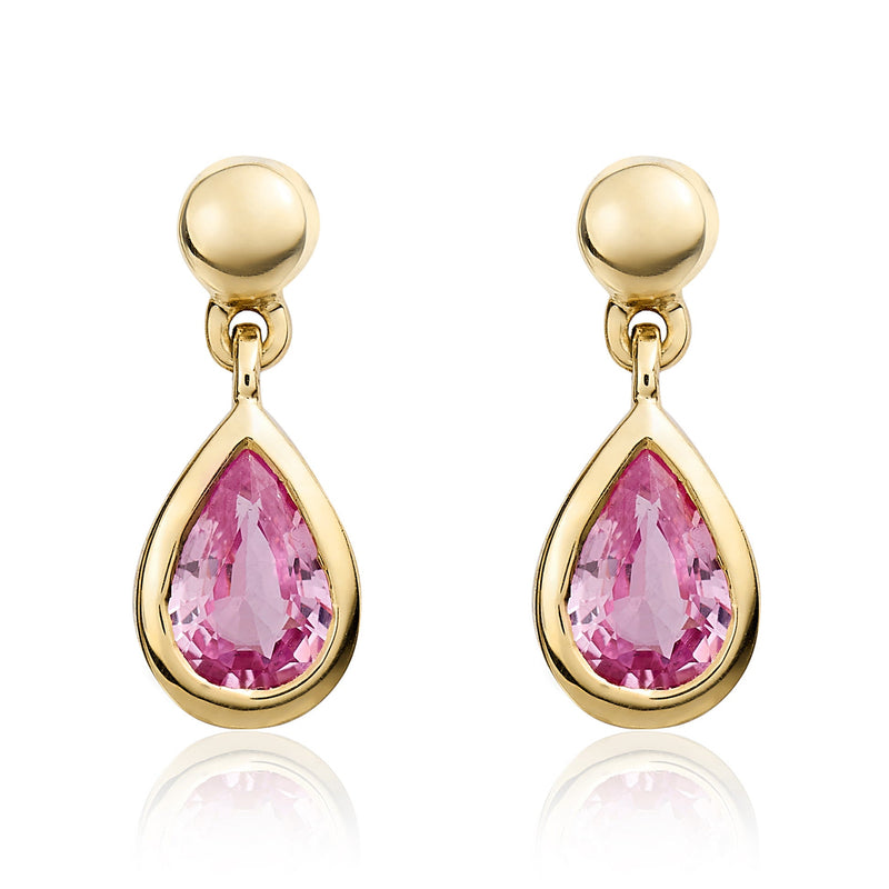 9ct Yellow Gold Pear Shaped Natural Pink Sapphire Rubover Drop Earrings with Bead Top — 6x4mm