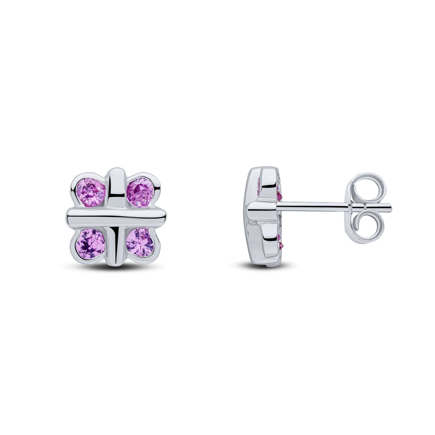 9ct White Gold Natural Pink Sapphire Rubover Quatrefoil Stud Earrings with Cross Centre