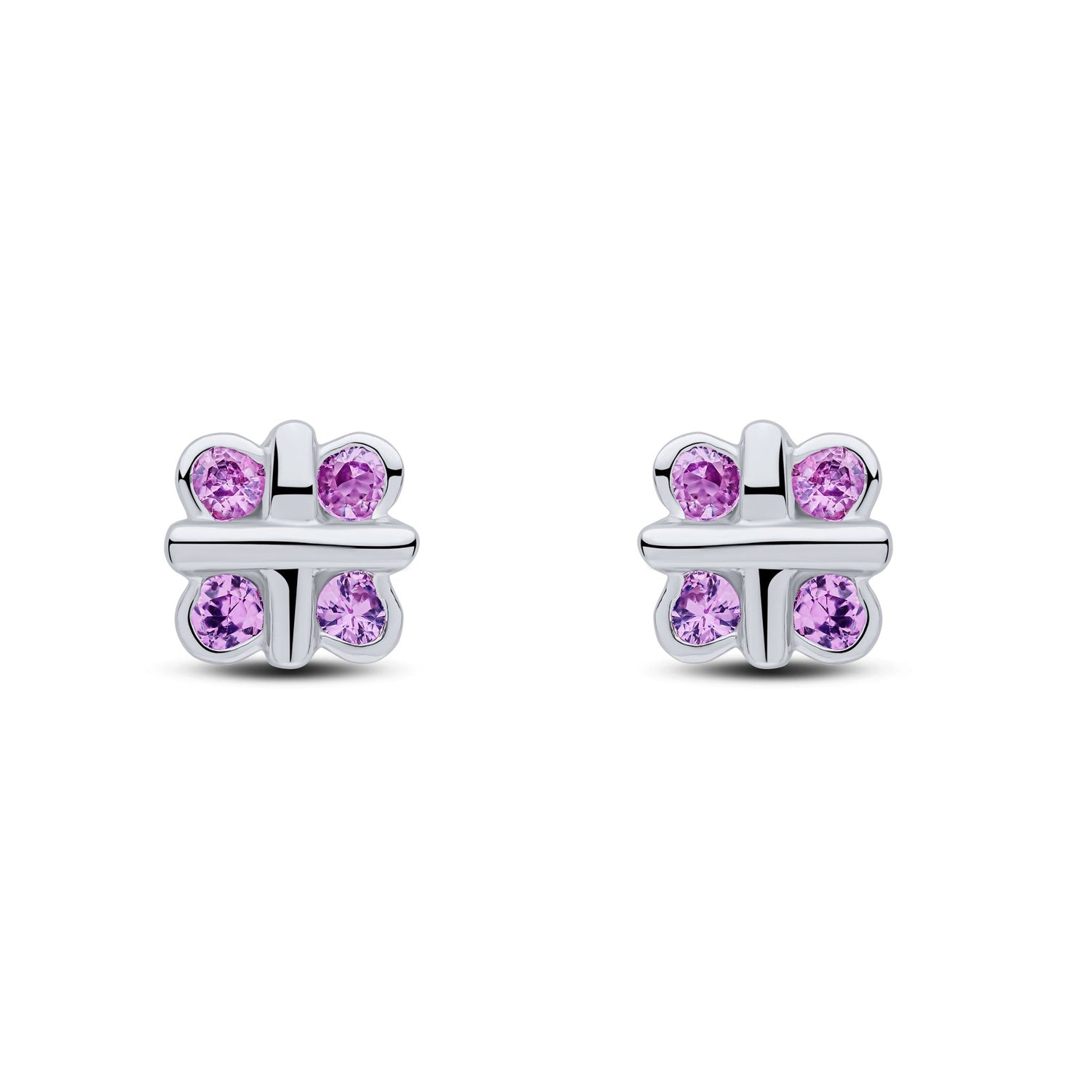 9ct White Gold Natural Pink Sapphire Rubover Quatrefoil Stud Earrings with Cross Centre
