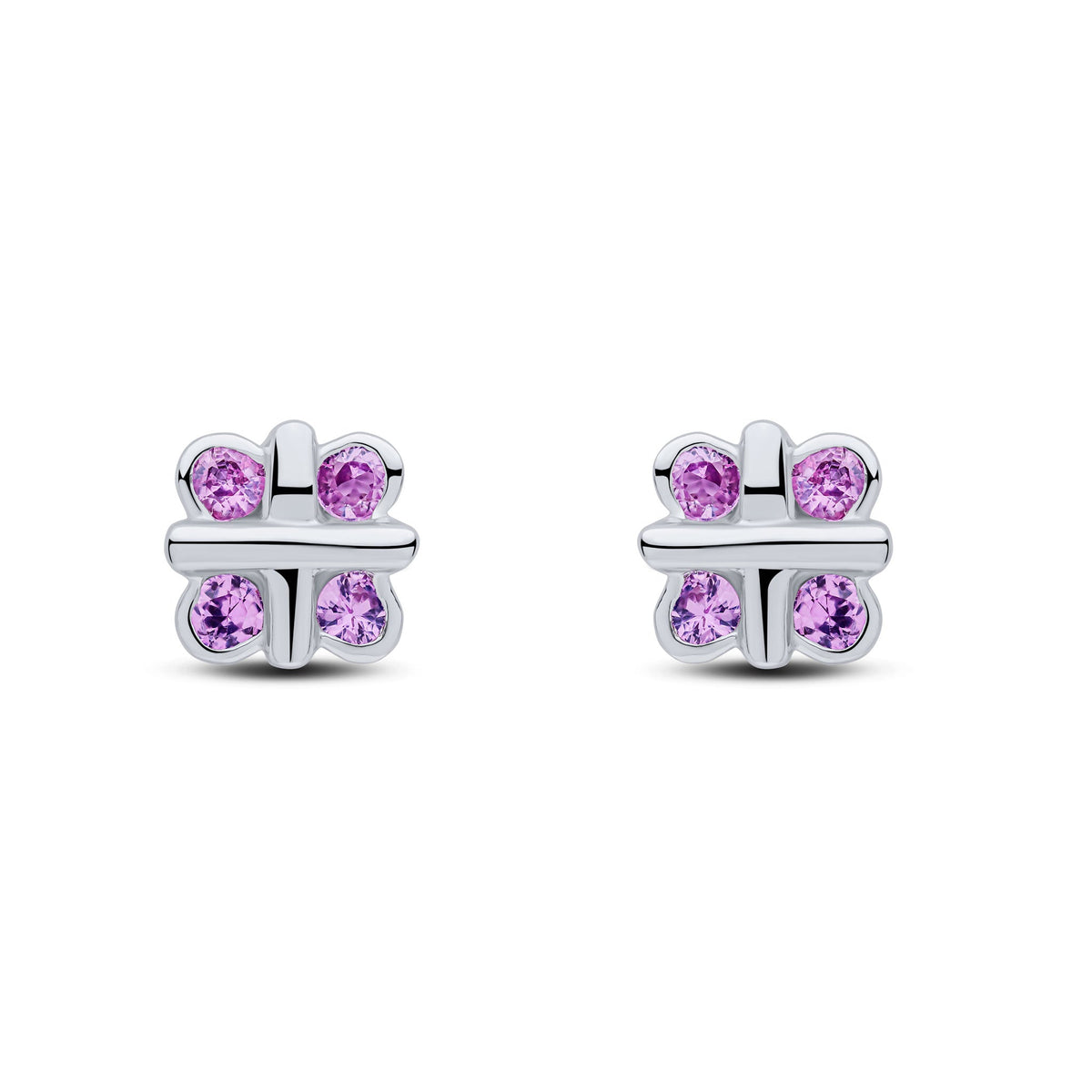 9ct White Gold Round Natural Pink Sapphire Rubover Quatrefoil Stud Earrings with Cross Centre