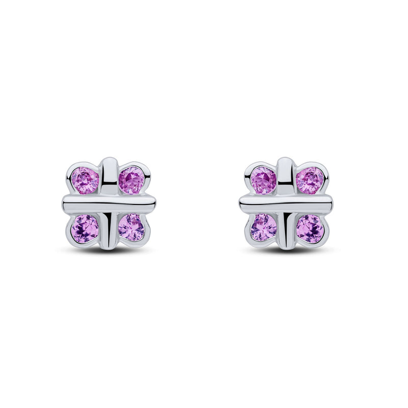 9ct White Gold Round Natural Pink Sapphire Rubover Quatrefoil Stud Earrings with Cross Centre