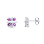 9ct White Gold Round Natural Pink Sapphire Rubover Quatrefoil Stud Earrings with Cross Centre