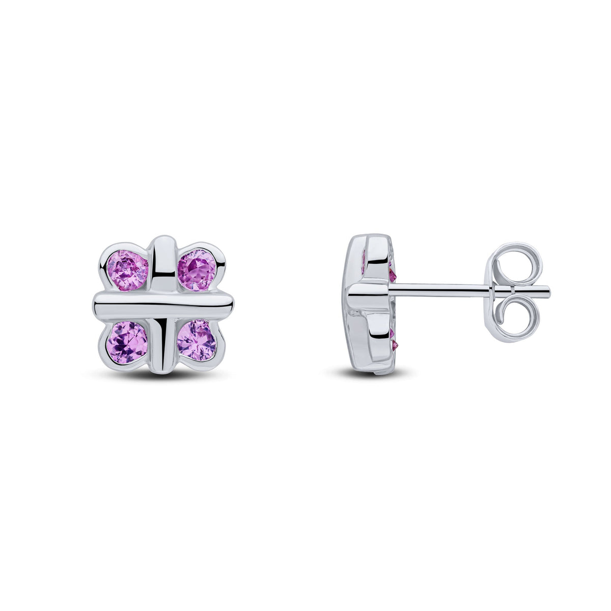 9ct White Gold Round Natural Pink Sapphire Rubover Quatrefoil Stud Earrings with Cross Centre