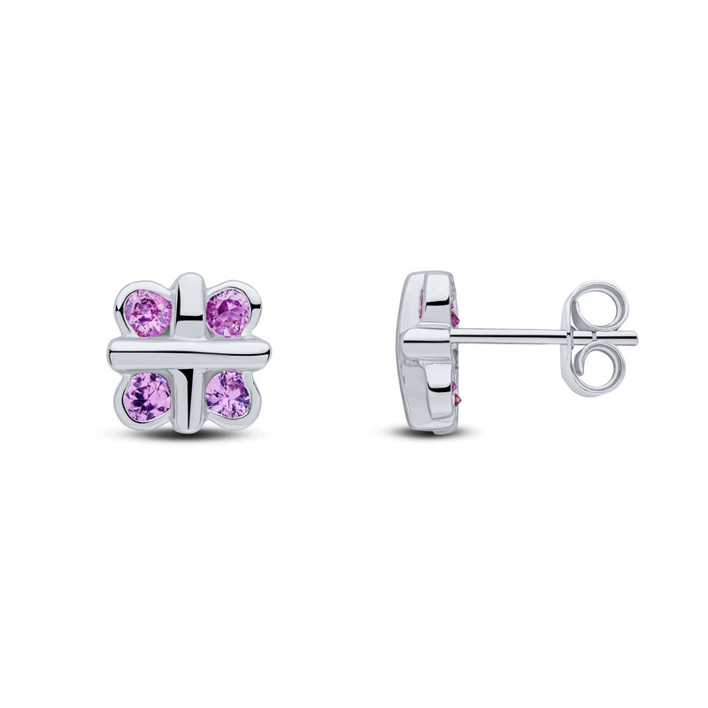 9ct White Gold Round Natural Pink Sapphire Rubover Quatrefoil Stud Earrings with Cross Centre