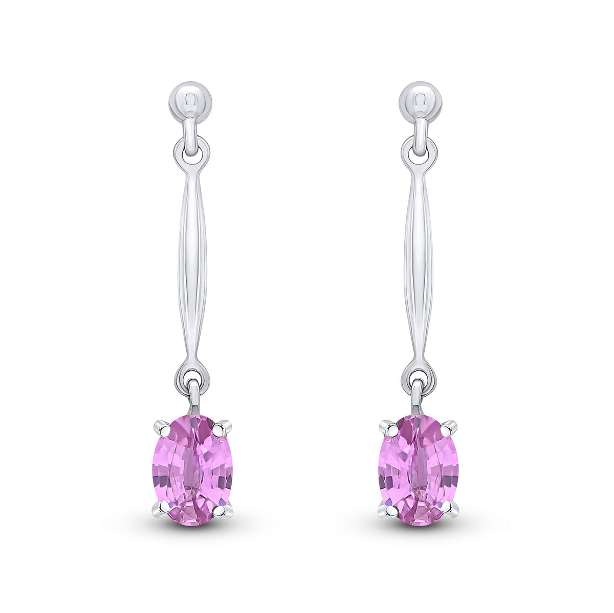 9ct White Gold Oval Natural Pink Sapphire Claw Bar Drop Earrings — 6x4mm