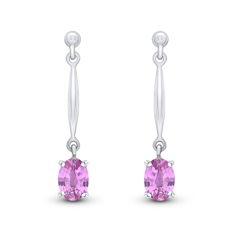 9ct White Gold Oval Natural Pink Sapphire Claw Bar Drop Earrings — 6x4mm