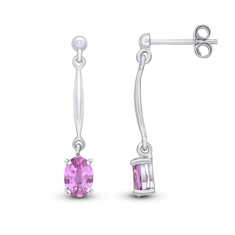 9ct White Gold Oval Natural Pink Sapphire Claw Bar Drop Earrings — 6x4mm