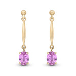 9ct Yellow Gold Oval Natural Pink Sapphire Claw Bar Drop Earrings — 6x4mm