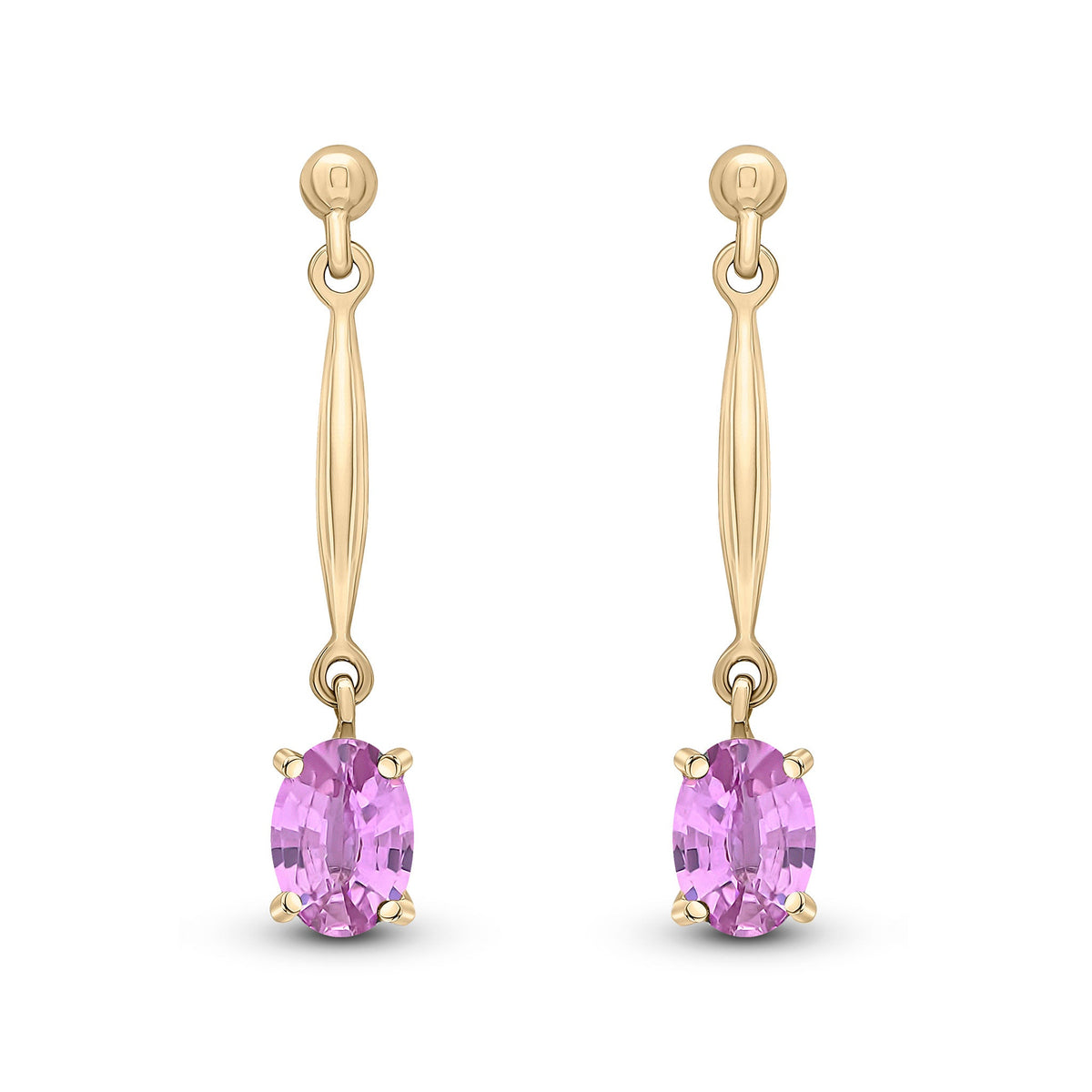 9ct Yellow Gold Oval Natural Pink Sapphire Claw Bar Drop Earrings — 6x4mm