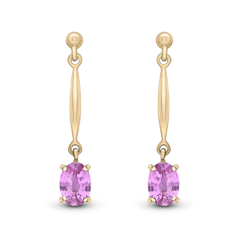 9ct Yellow Gold Oval Natural Pink Sapphire Claw Bar Drop Earrings — 6x4mm