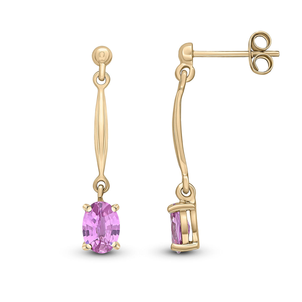 9ct Yellow Gold Oval Natural Pink Sapphire Claw Bar Drop Earrings — 6x4mm