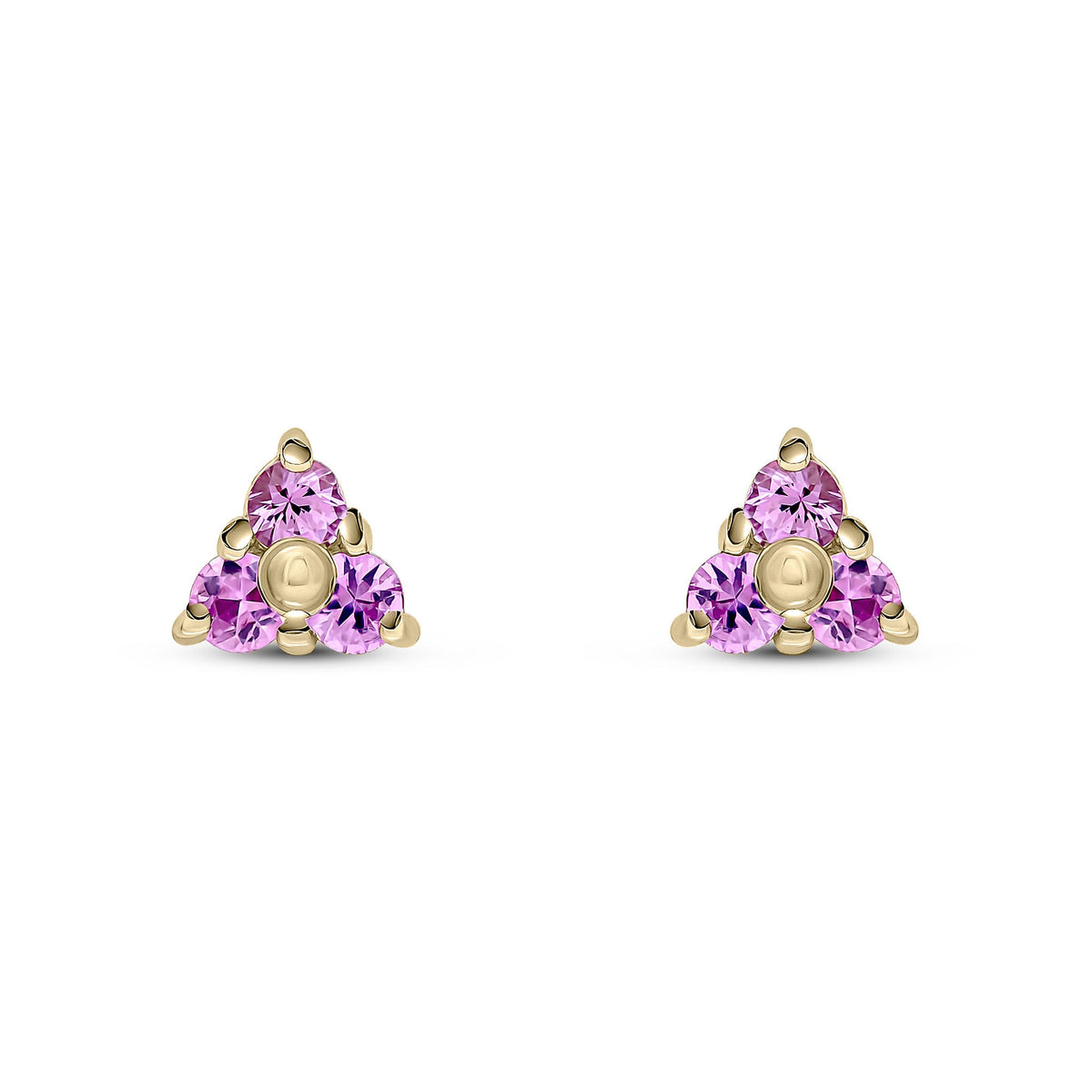 9ct Yellow Gold Round Natural Pink Sapphire Trefoil Claw Stud Earrings