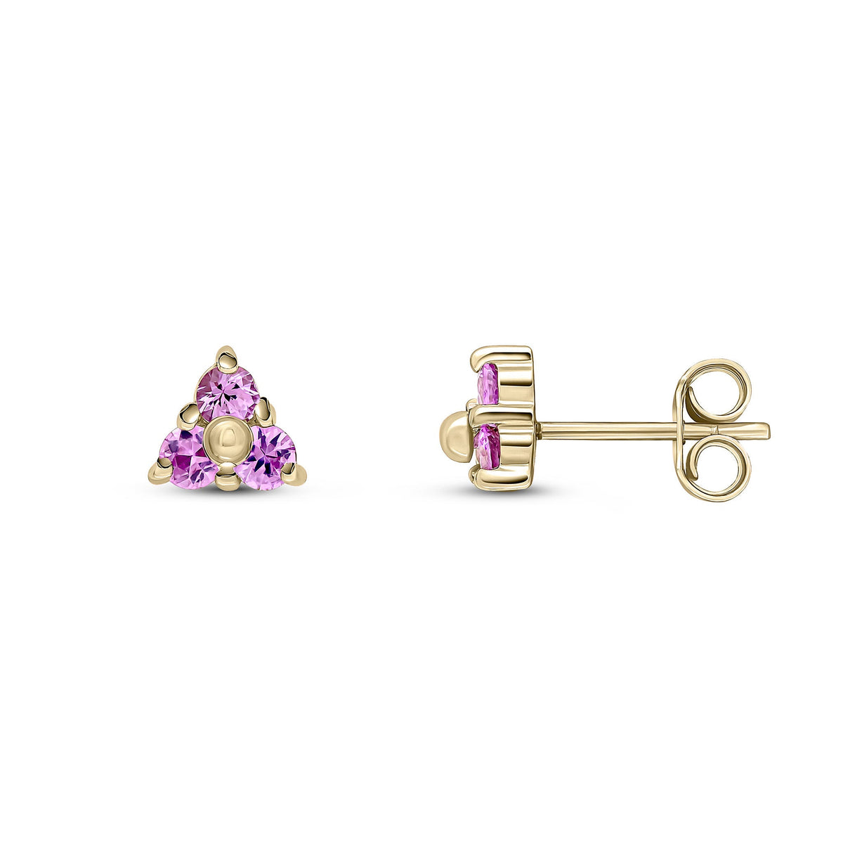 9ct Yellow Gold Round Natural Pink Sapphire Trefoil Claw Stud Earrings