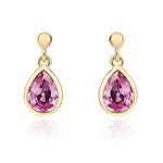9ct Yellow Gold Pear Shaped Natural Pink Sapphire Rubover Drop Earrings with 2.5mm Bead Top — 6x4mm