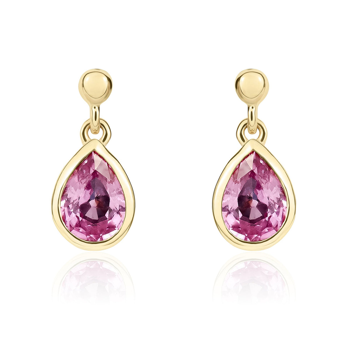 9ct Yellow Gold Pear Shaped Natural Pink Sapphire Rubover Drop Earrings with 2.5mm Bead Top — 6x4mm
