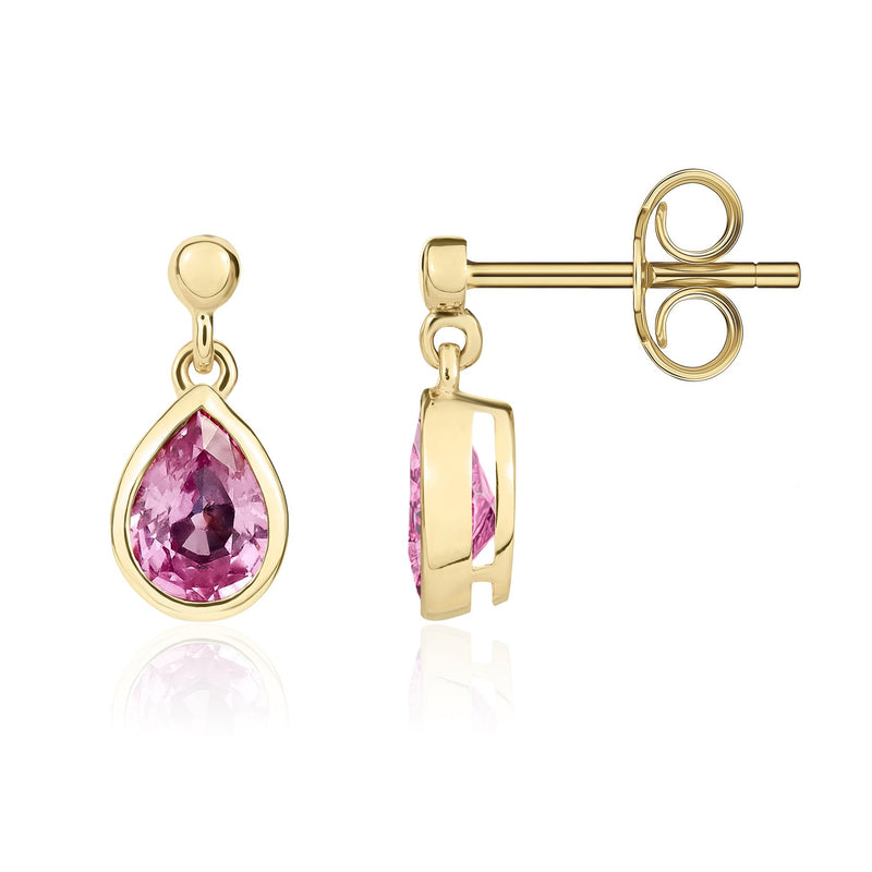 9ct Yellow Gold Pear Shaped Natural Pink Sapphire Rubover Drop Earrings with 2.5mm Bead Top — 6x4mm
