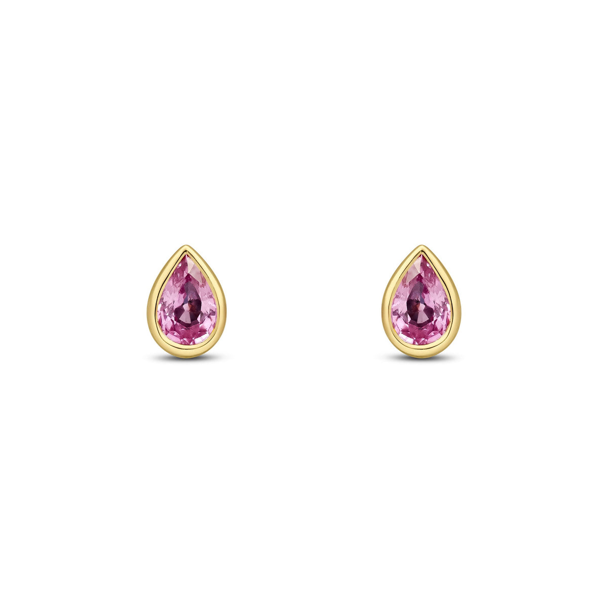 9ct Yellow Gold Pear Shaped Natural Pink Sapphire Rubover Stud Earrings — 6x4mm
