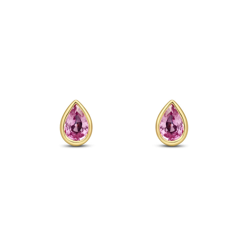 9ct Yellow Gold Pear Shaped Natural Pink Sapphire Rubover Stud Earrings — 6x4mm