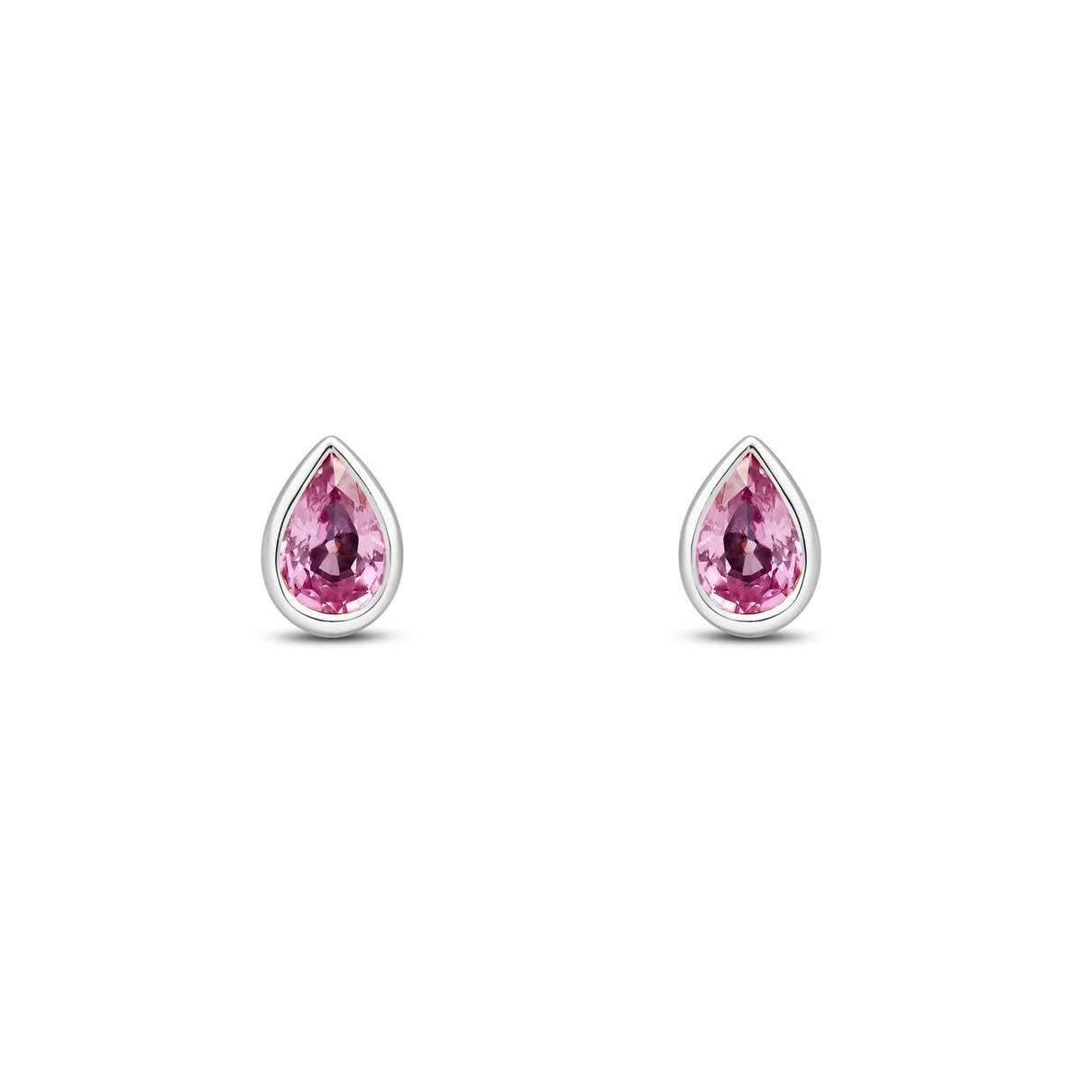 9ct White Gold Pear Shaped Natural Pink Sapphire Rubover Stud Earrings — 6x4mm