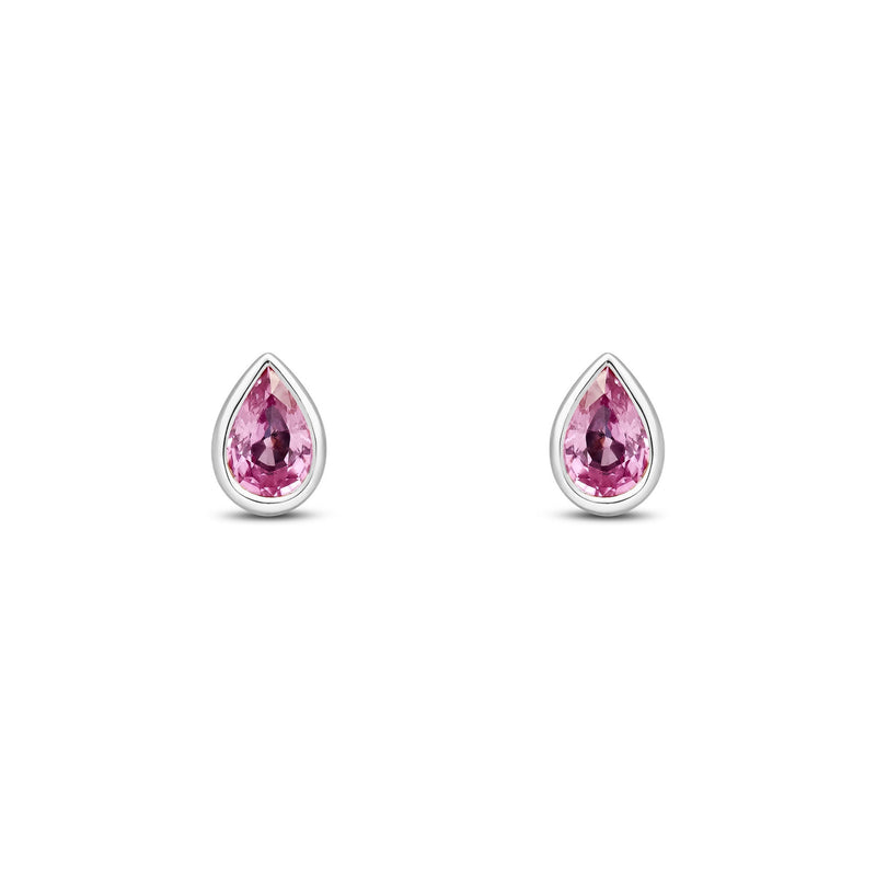 9ct White Gold Pear Shaped Natural Pink Sapphire Rubover Stud Earrings — 6x4mm
