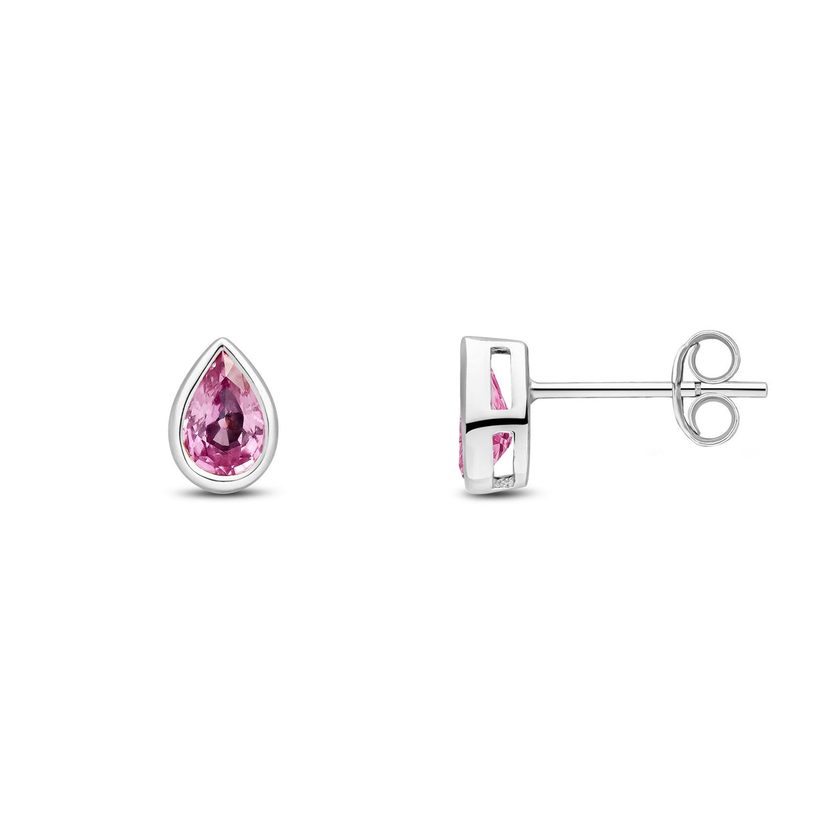 9ct White Gold Pear Shaped Natural Pink Sapphire Rubover Stud Earrings — 6x4mm