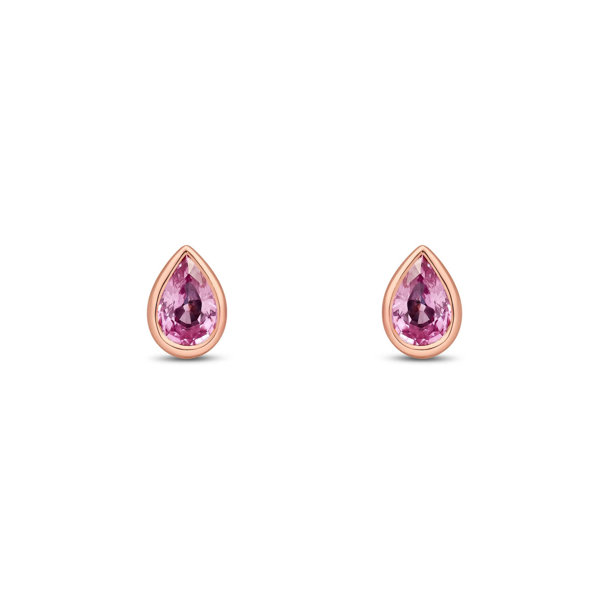 9ct Rose Gold Pear Shaped Natural Pink Sapphire Rubover Stud Earrings — 6x4mm