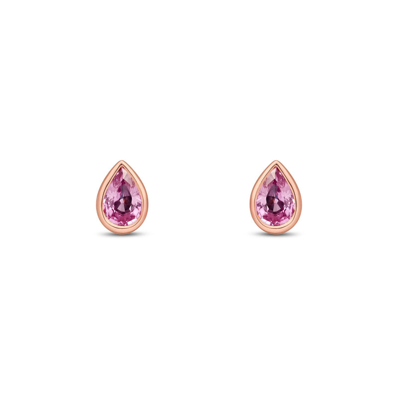 9ct Rose Gold Pear Shaped Natural Pink Sapphire Rubover Stud Earrings — 6x4mm