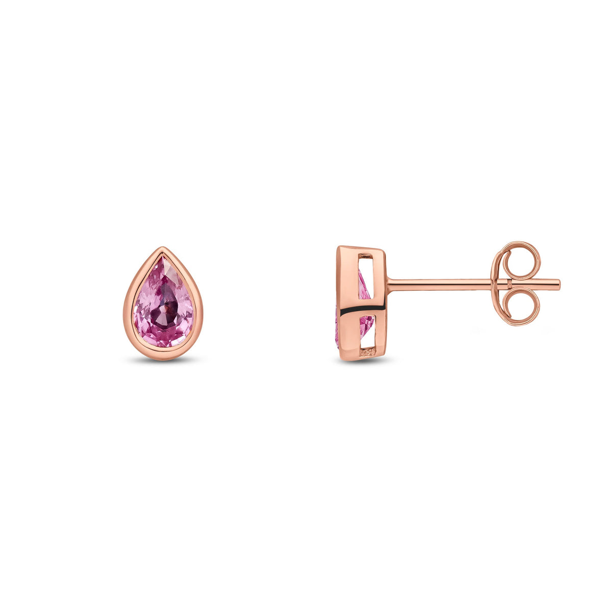 9ct Rose Gold Pear Shaped Natural Pink Sapphire Rubover Stud Earrings — 6x4mm