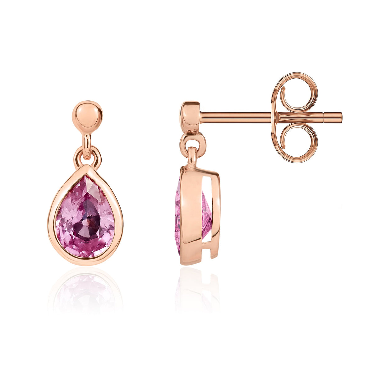 9ct Rose Gold Pear Shaped Natural Pink Sapphire Rubover Drop Earrings with 2.5mm Bead Top — 6x4mm