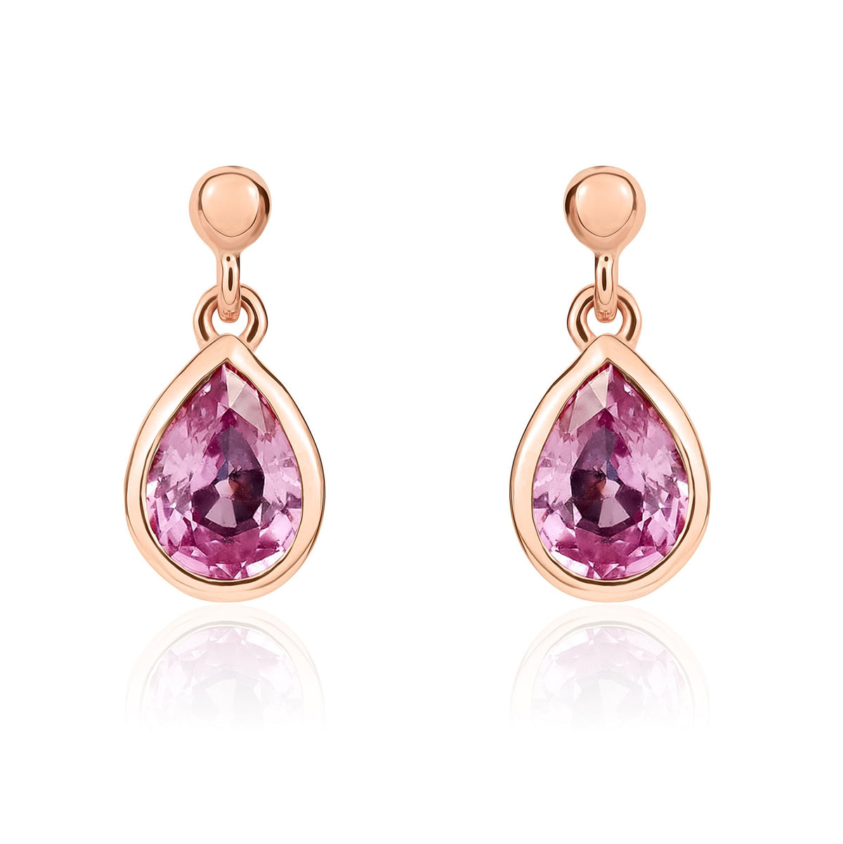 9ct Rose Gold Pear Shaped Natural Pink Sapphire Rubover Drop Earrings with 2.5mm Bead Top — 6x4mm