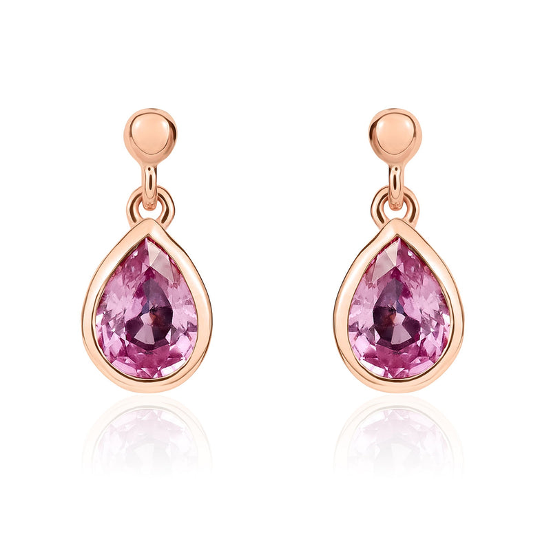 9ct Rose Gold Pear Shaped Natural Pink Sapphire Rubover Drop Earrings with 2.5mm Bead Top — 6x4mm