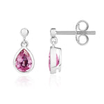 9ct White Gold Pear Shaped Natural Pink Sapphire Rubover Drop Earrings with 2.5mm Bead Top — 6x4mm