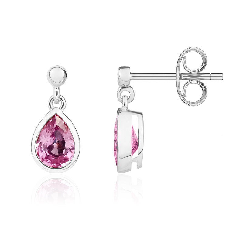 9ct White Gold Pear Shaped Natural Pink Sapphire Rubover Drop Earrings with 2.5mm Bead Top — 6x4mm