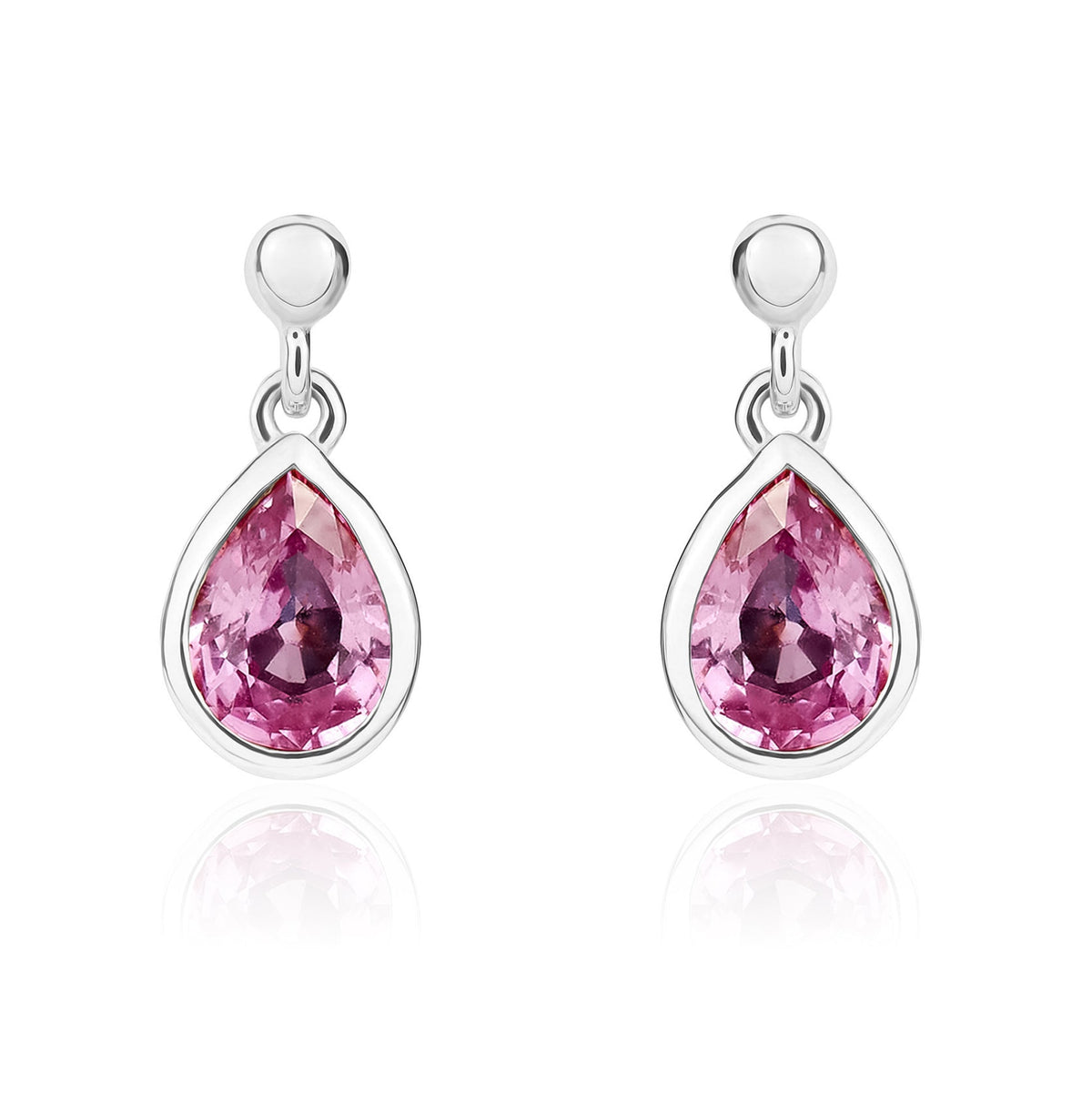 9ct White Gold Pear Shaped Natural Pink Sapphire Rubover Drop Earrings with 2.5mm Bead Top — 6x4mm