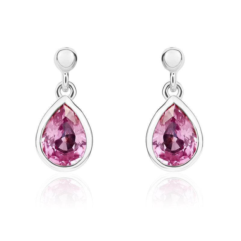 9ct White Gold Pear Shaped Natural Pink Sapphire Rubover Drop Earrings with 2.5mm Bead Top — 6x4mm