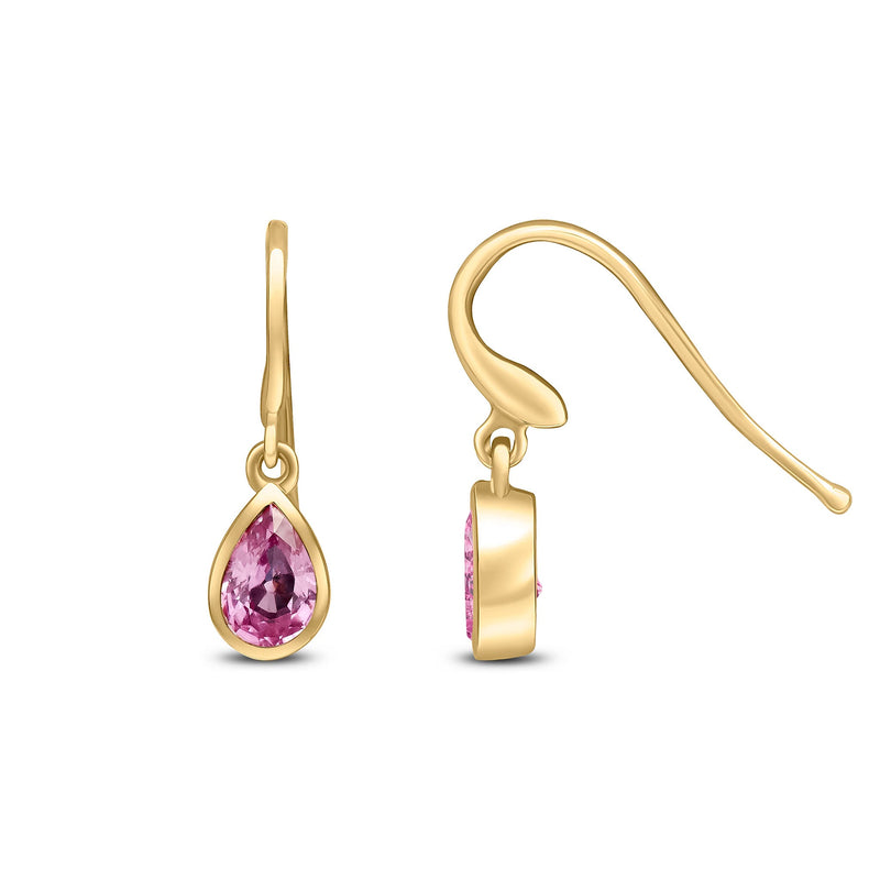 9ct Yellow Gold Pear Shaped Natural Pink Sapphire Rubover Wire Hook Drop Earrings — 6x4mm