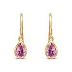 9ct Yellow Gold Pear Shaped Natural Pink Sapphire Rubover Wire Hook Drop Earrings — 6x4mm