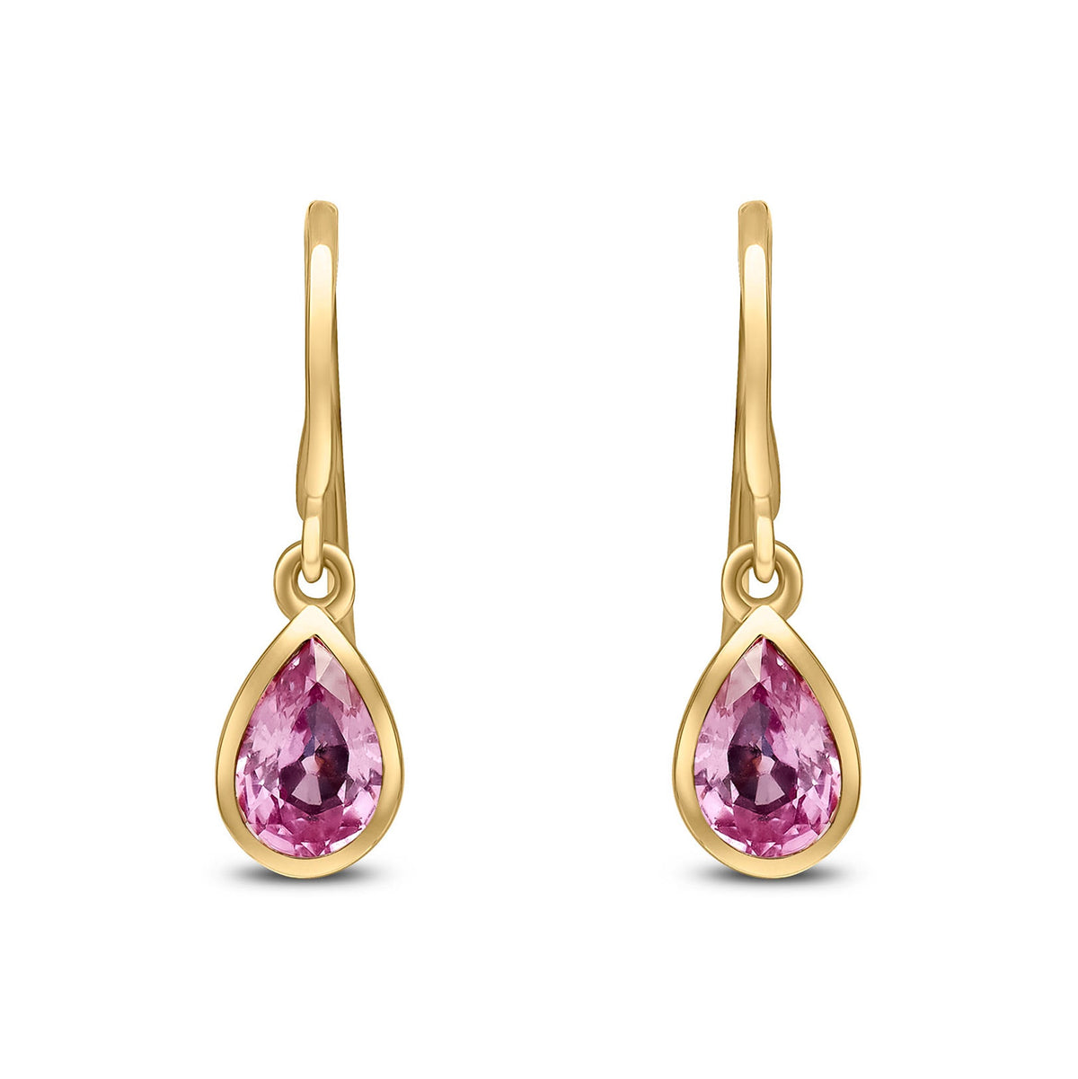 9ct Yellow Gold Pear Shaped Natural Pink Sapphire Rubover Wire Hook Drop Earrings — 6x4mm