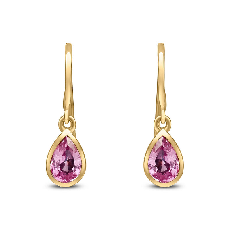 9ct Yellow Gold Pear Shaped Natural Pink Sapphire Rubover Wire Hook Drop Earrings — 6x4mm