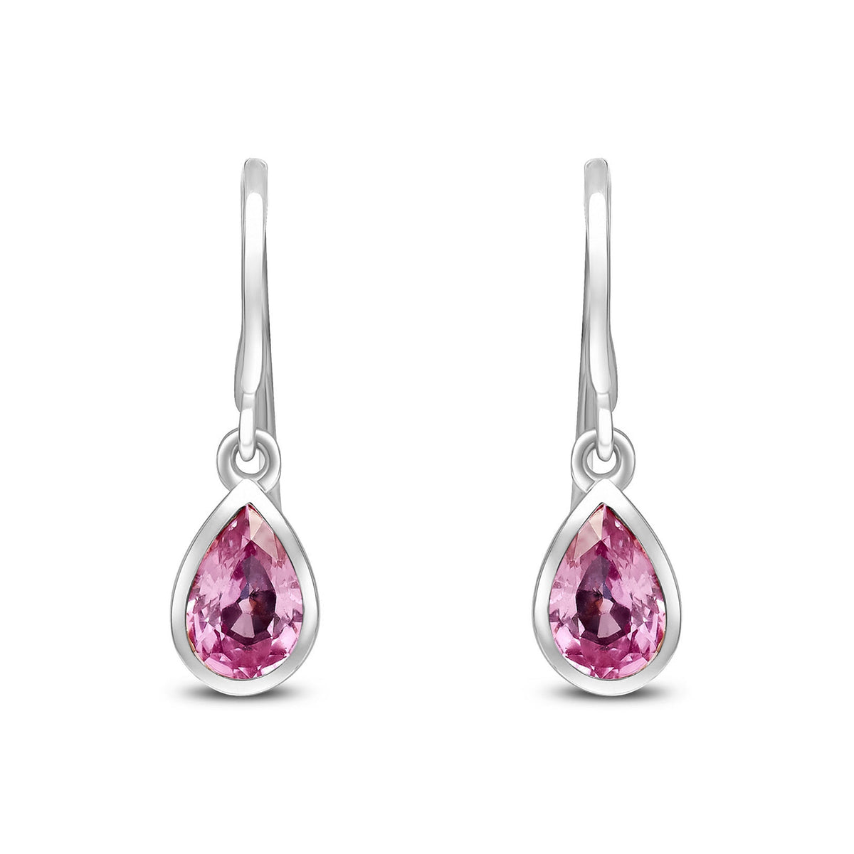 9ct White Gold Pear Shaped Natural Pink Sapphire Rubover Wire Hook Drop Earrings — 6x4mm