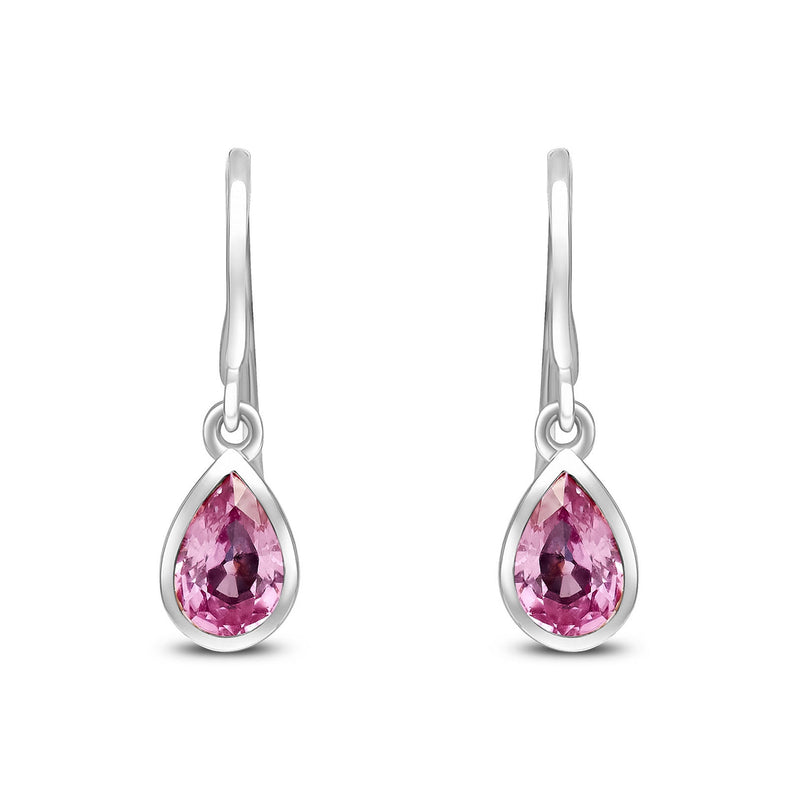 9ct White Gold Pear Shaped Natural Pink Sapphire Rubover Wire Hook Drop Earrings — 6x4mm