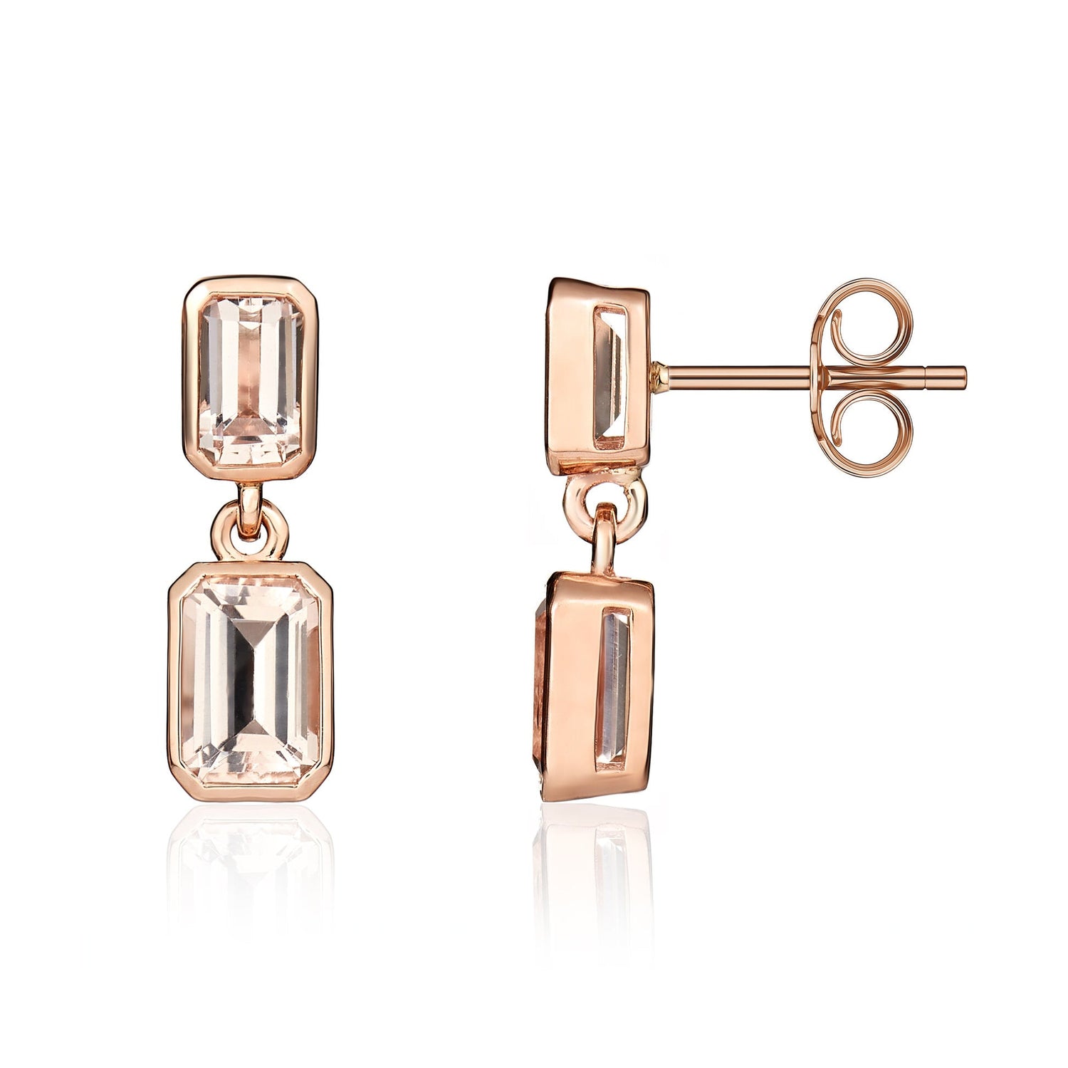 9ct Rose Gold Octagonal Emerald Cut Natural Morganite Double Stone Rubover Drop Earrings — 6x4mm