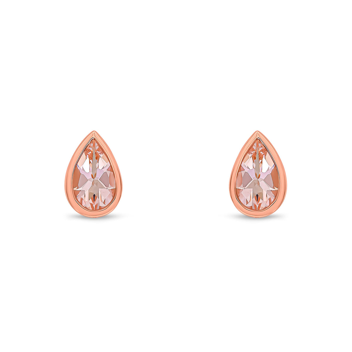 9ct Rose Gold Pear Shaped Natural Morganite Rubover Stud Earrings — 5x3mm